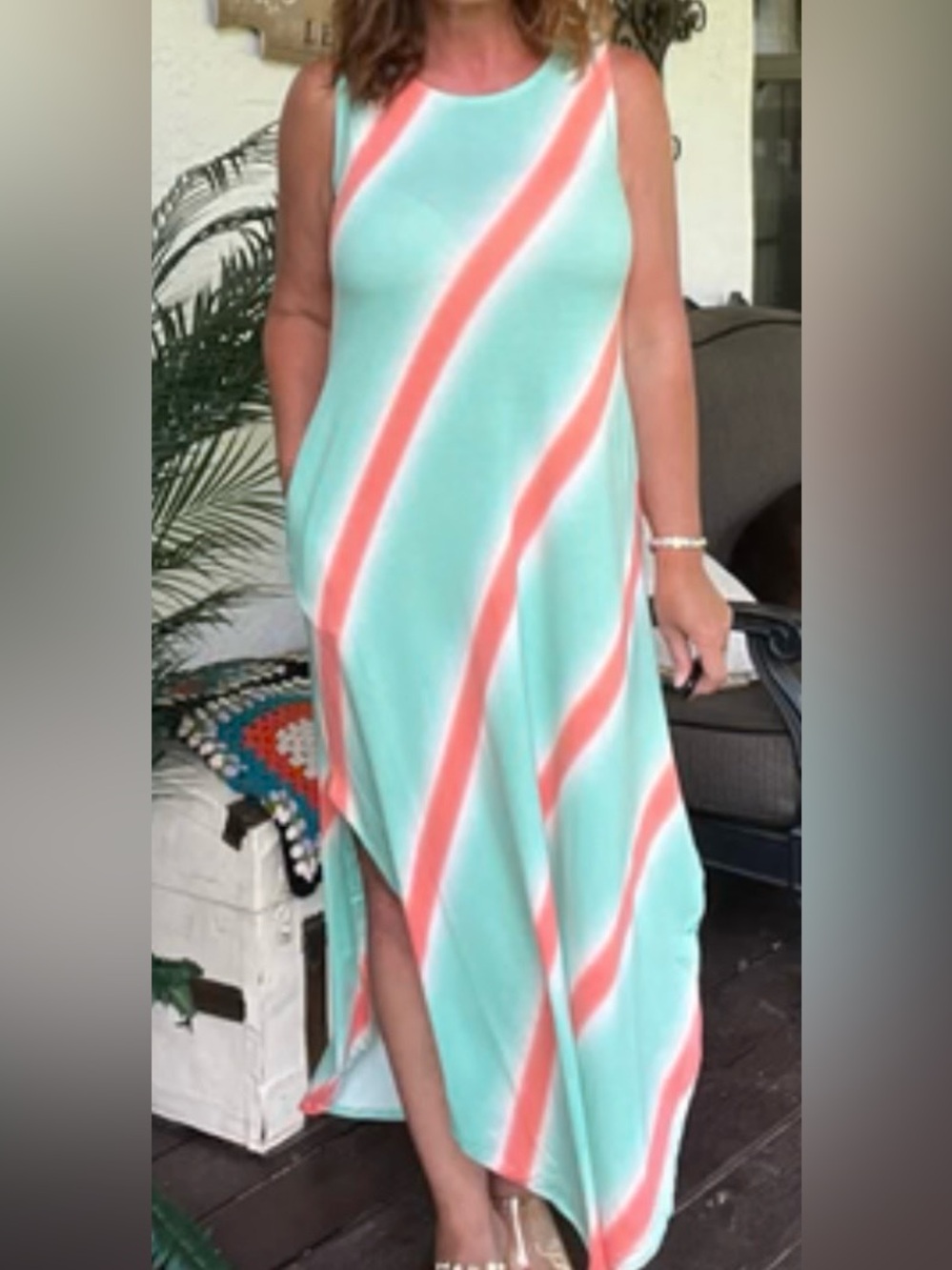 Zenana Outfitters Mint Dress with Coral Diagonal Stripes